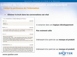 Solutions d’Analyse et d’Aide à la Décision


Collecter de l’information utilisable analytiquement
 Valider la pertinence de l’information


   •   Eliminer le bruit dans les conversations est vital




                                         A conserver dans une logique développement


                                         Pas vraiment utile




                                         Intéressant d’un point de vue marque et produit




                                         Intéressant d’un point de vue marque et produit


 www.spotter.com
 