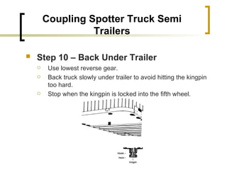 Coupling Spotter Truck Semi Trailers Step 10 – Back Under Trailer   Use lowest reverse gear. Back truck slowly under trailer to avoid hitting the kingpin too hard. Stop when the kingpin is locked into the fifth wheel. 