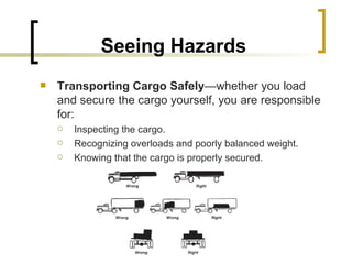 Seeing Hazards Transporting Cargo Safely —whether you load and secure the cargo yourself, you are responsible for: Inspecting the cargo. Recognizing overloads and poorly balanced weight. Knowing that the cargo is properly secured. 