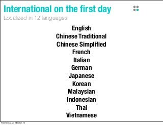 International on the ﬁrst day
Localized in 12 languages

English
Chinese Traditional
Chinese Simpliﬁed
French
Italian
German
Japanese
Korean
Malaysian
Indonesian
Thai
Vietnamese
Wednesday, 23 October, 13

 