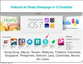 Featured on iTunes Homepage in 13 Countries

Hong Kong, Macau, Taiwan, Malaysia, Thailand, Indonesia,
Singapore, Philippines, Vietnam, Laos, Cambodia, Brunei,
Sir Lanka
12
Wednesday, 23 October, 13

 