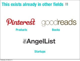 This exists already in other ﬁelds

Products

Books

Startups
Wednesday, 23 October, 13

 