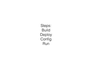 Steps: 
Build 
Deploy 
Config 
Run 
 