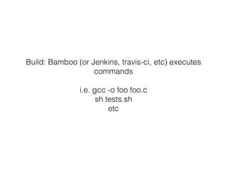 Build: Bamboo (or Jenkins, travis-ci, etc) executes 
commands 
i.e. gcc -o foo foo.c 
sh tests.sh 
etc 
 