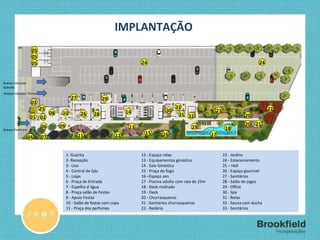 IMPLANTAÇÃO 1- Guarita 2- Recepção 3 - Lixo 4 - Central de Gás 5 - Lojas 6 - Praça de Entrada 7 - Espelho d´água  8 - Praça salão de Festas  9 - Apoio Festas 10 - Salão de festas com copa 11 - Praça dos perfumes 12 - Espaço relax 13 - Equipamentos ginástica 14 - Sala Ginástica 15 - Praça do fogo 16 –Espaço zen 17 - Piscina adulto com raia de 25m 18 - Deck molhado 19 - Deck 20 - Churrasqueiras 21 - Sanitários churrasqueiras 22 - Redário 23 - Jardins 24 - Estacionamento 25 – Hall 26 - Espaço gourmet 27 - Sanitários 28 - Salão de jogos 29 - Office 30 - Spa 31 - Relax 32 - Sauna com ducha 33 - Sanitários 05 02 03 01 04 06 07 09 13 17 15 16 18 19 22 21 23 20 24 25 10 26 08 27 12 11 Acesso Pedestre Acesso Veículos Subsolo Acesso Veículos Térreo 29 28 14 30 31 32 24 05 05 20 33 