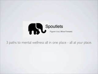 3 paths to mental wellness all in one place - all at your place.
Figure it out, Move Forward.
Spoutlets
 