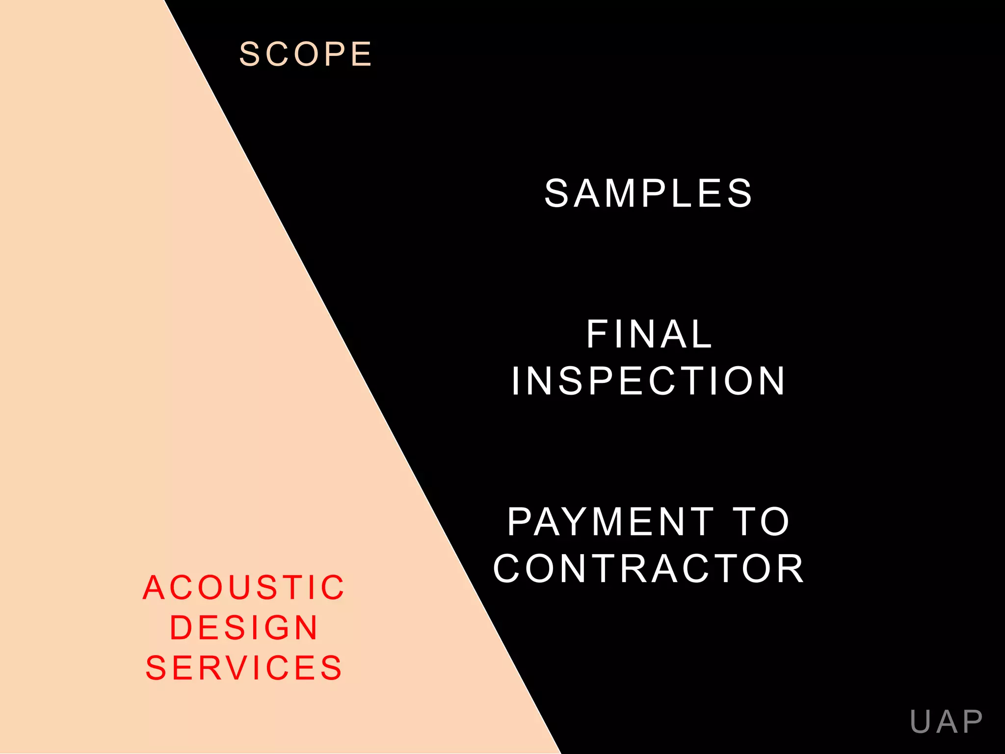 SAMPLES
FINAL
INSPECTION
PAYMENT TO
CONTRACTOR
UAP
ACOUSTIC
DESIGN
SERVICES
SCOPE
 
