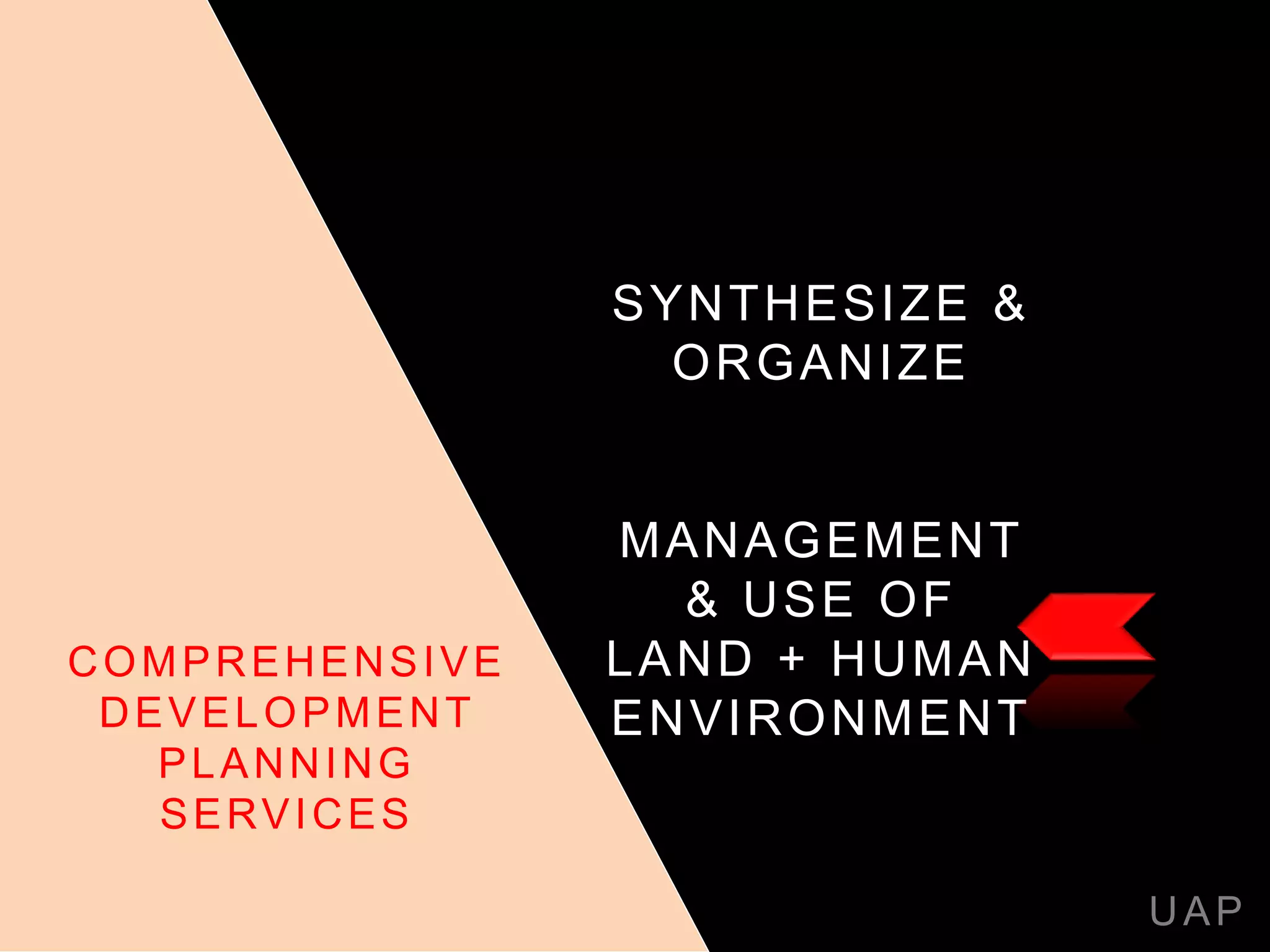 SYNTHESIZE &
ORGANIZE
MANAGEMENT
& USE OF
LAND + HUMAN
ENVIRONMENT
UAP
COMPREHENSIVE
DEVELOPMENT
PLANNING
SERVICES
 