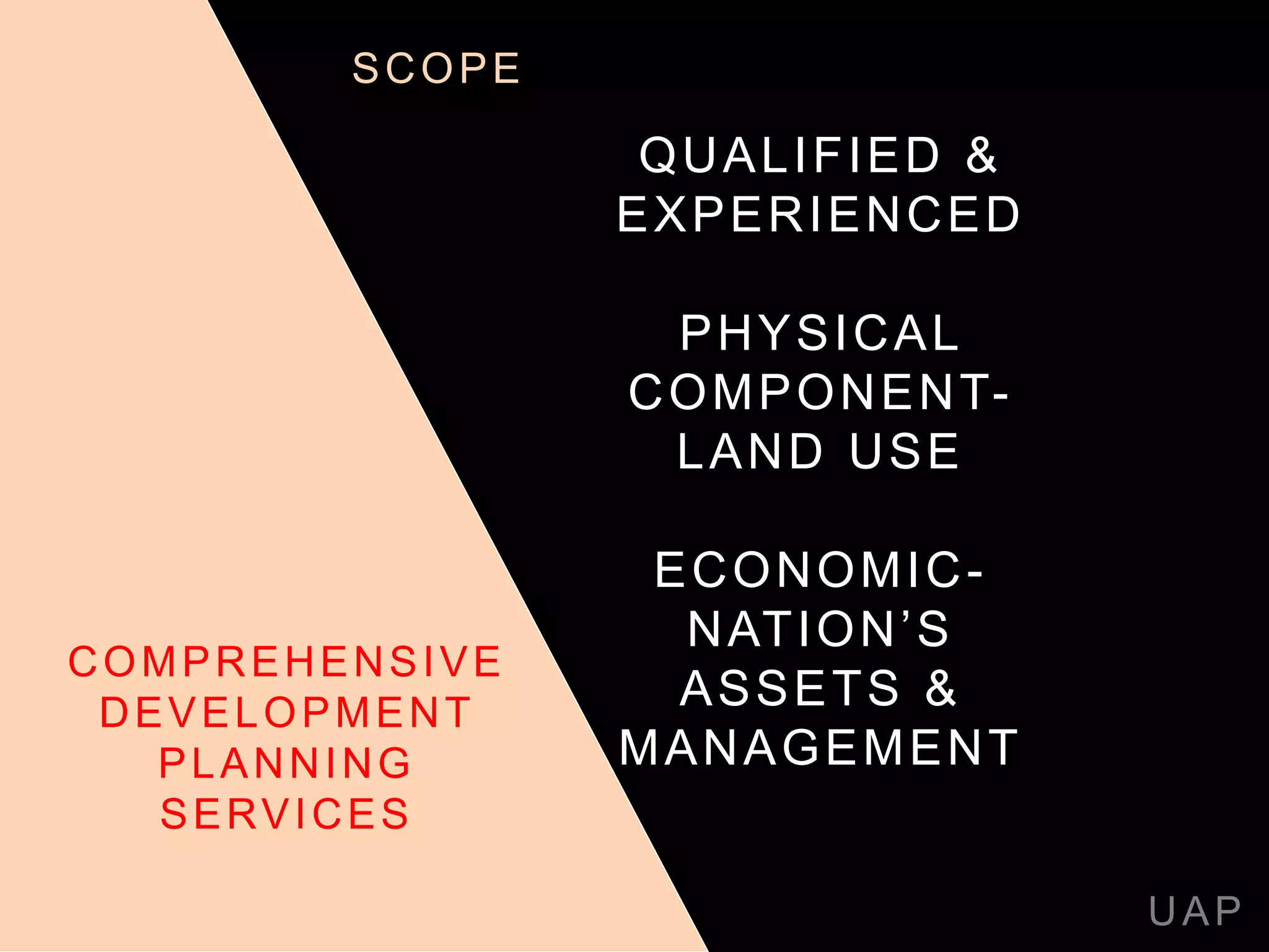 QUALIFIED &
EXPERIENCED
PHYSICAL
COMPONENT-
LAND USE
ECONOMIC-
NATION’S
ASSETS &
MANAGEMENT
UAP
COMPREHENSIVE
DEVELOPMENT
PLANNING
SERVICES
SCOPE
 