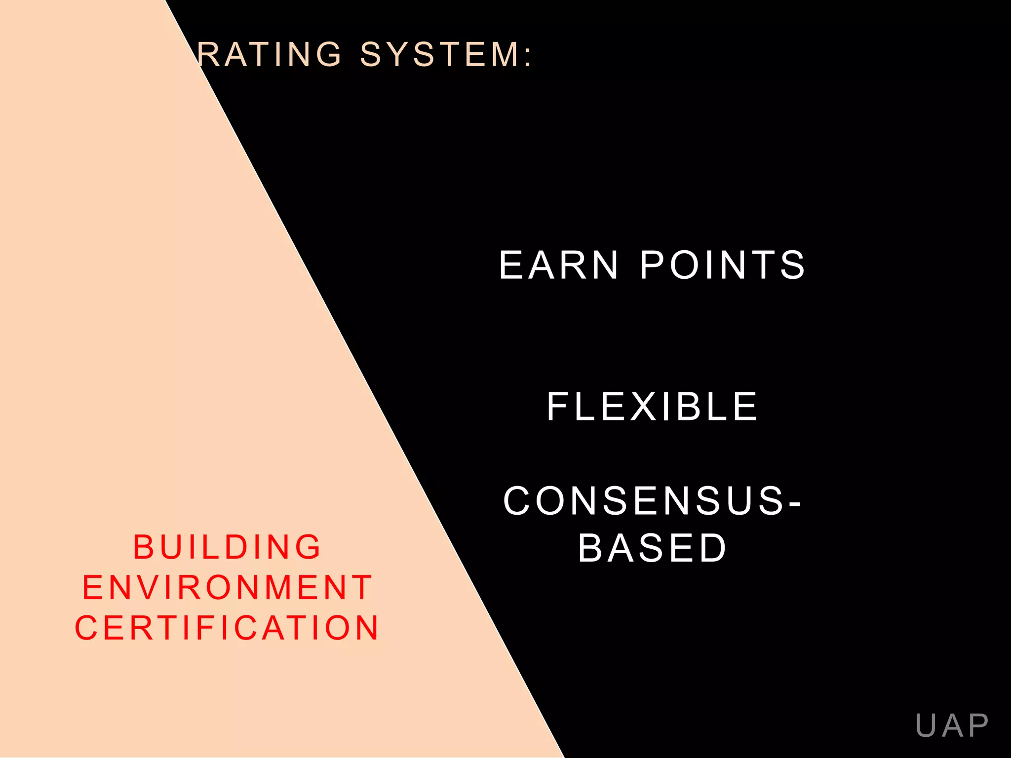 EARN POINTS
FLEXIBLE
CONSENSUS-
BASED
UAP
BUILDING
ENVIRONMENT
CERTIFICATION
RATING SYSTEM:
 