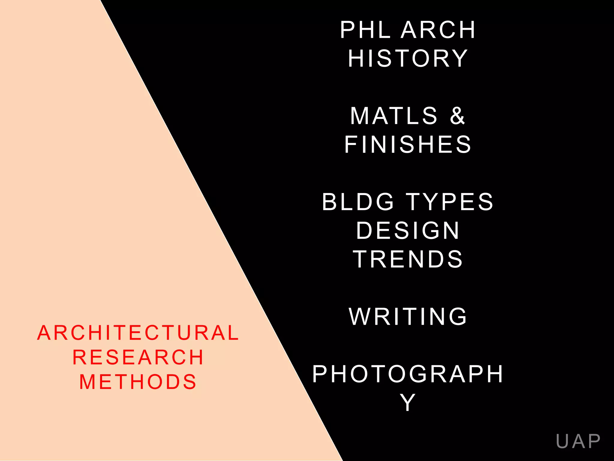 PHL ARCH
HISTORY
MATLS &
FINISHES
BLDG TYPES
DESIGN
TRENDS
WRITING
PHOTOGRAPH
Y
UAP
ARCHITECTURAL
RESEARCH
METHODS
 