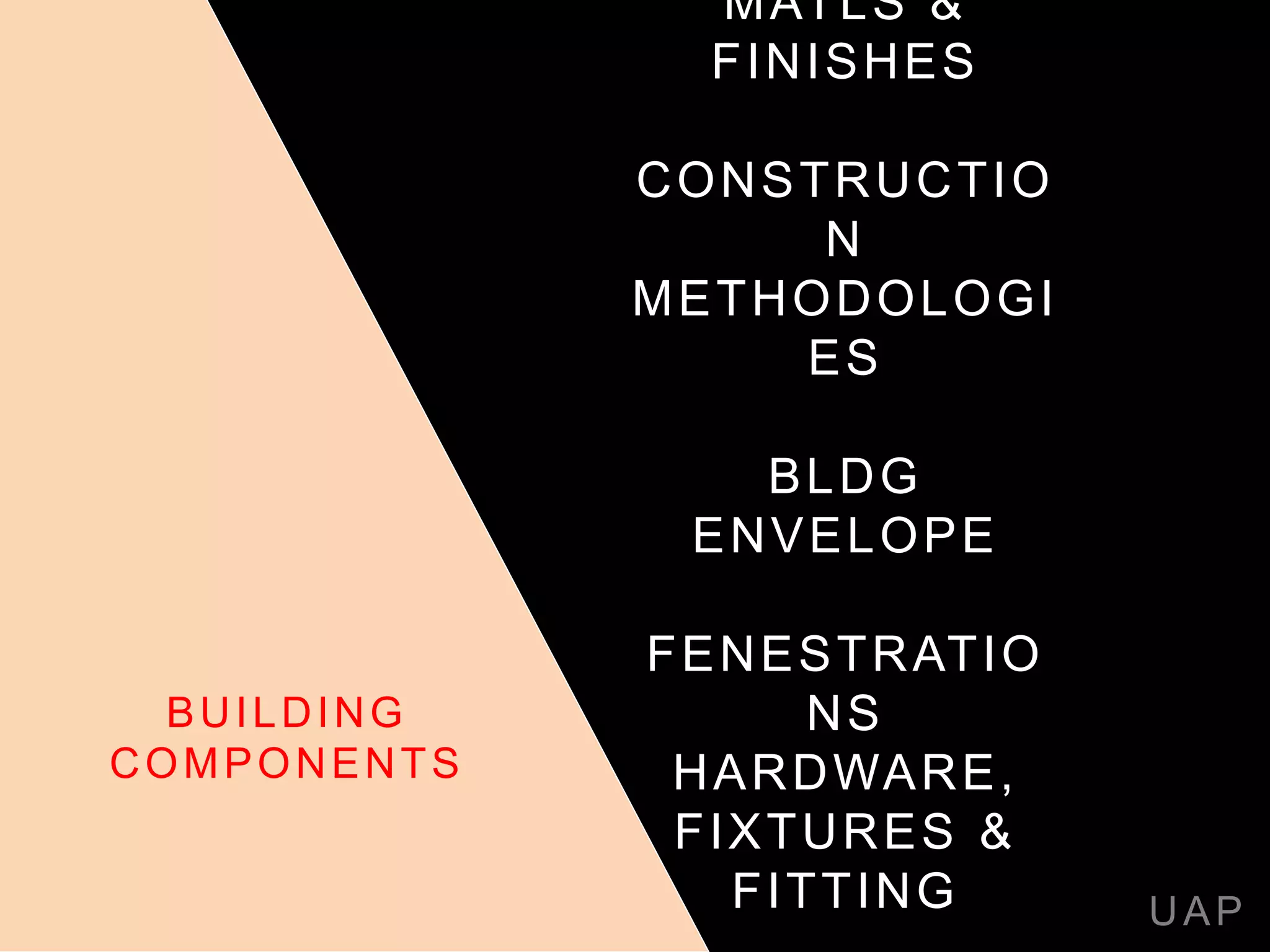MATLS &
FINISHES
CONSTRUCTIO
N
METHODOLOGI
ES
BLDG
ENVELOPE
FENESTRATIO
NS
HARDWARE,
FIXTURES &
FITTING UAP
BUILDING
COMPONENTS
 