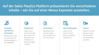Showcases
Zeigen Sie an­
hand von Erfolgs­
geschichten und
Beispielen Ihre
Produkte und
Dienstleistungen
in Aktion.
Fachwissen
Beantworten Sie
typische Fragen
Ihrer Kunden rund
um Ihre Lösung.
Videos
Erklären Sie Ihren
Beitrag zu einem
Thema einfach
und verständlich
per Video.
Veran­stal­tungen
Laden Sie die
Nutzer zu Ihren
Events und Messe­­­
auf­tritten ein.
Produkte
und Dienst­­­­-
leis­tungen
Informieren Sie über
Ihre Produkte und
Dienstleistungen in
den Highlights.
Auf der Swiss Plastics Platform präsentieren Sie verschiedene
Inhalte – wie Sie auf einer Messe Exponate ausstellen.
 