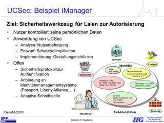 Sichere IT-Systeme 18
• Nutzer kontrolliert seine persönlichen Daten
• Anwendung von UCSec
– Analyse: Nutzerbefragung
– Entwurf: Schutzzielimplikation
– Implementierung: Gestaltungsrichtlinien
• Offen
– Sicherheitsprotokollzur
Authentifikation
– Anbindung an
Identitätsmanagementsysteme
(Passport, Liberty Alliance, ...)
– Adaptive Schnittstelle
Einkaufen
Willi Weber
Behörde
Teil-Identitäten
Freizeit
Anonym
Name:
Willi Weber
Kreditkarte: VISA
Nr.: 9988 7766 5544 3322
Gültig bis:01.10.2004
Adresse
Straße: Friedrichstr. 50
PLZ: 79098
Ort: Hannover
Geburtstag: 11.07.1974
Geburtsort: Laatzen
Identität
Nickname:Webster
Verein:Privatheitsfreunde
Hannover e.V.
[GeJeMu2001]
Ziel: Sicherheitswerkzeug für Laien zur Autorisierung
UCSec: Beispiel iManager
 