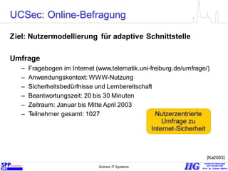 Sichere IT-Systeme 19
Ziel: Nutzermodellierung für adaptive Schnittstelle
Umfrage
– Fragebogen im Internet (www.telematik.uni-freiburg.de/umfrage/)
– Anwendungskontext: WWW-Nutzung
– Sicherheitsbedürfnisse und Lernbereitschaft
– Beantwortungszeit: 20 bis 30 Minuten
– Zeitraum: Januar bis Mitte April 2003
– Teilnehmer gesamt: 1027
[Ka2003]
UCSec: Online-Befragung
 