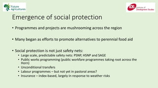 Emergence of social protection
• Programmes and projects are mushrooming across the region
• Many began as efforts to promote alternatives to perennial food aid
• Social protection is not just safety nets:
• Large scale, predictable safety nets: PSNP, HSNP and SAGE
• Public works programming (public workfare programmes taking root across the
Horn)
• Unconditional transfers
• Labour programmes – but not yet in pastoral areas?
• Insurance – index-based, largely in response to weather risks
 
