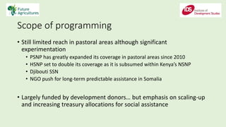 Scope of programming
• Still limited reach in pastoral areas although significant
experimentation
• PSNP has greatly expanded its coverage in pastoral areas since 2010
• HSNP set to double its coverage as it is subsumed within Kenya’s NSNP
• Djibouti SSN
• NGO push for long-term predictable assistance in Somalia
• Largely funded by development donors… but emphasis on scaling-up
and increasing treasury allocations for social assistance
 