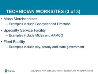 Copyright © 2020, 2016, 2012 Pearson Education, Inc. All Rights Reserved
TECHNICIAN WORKSITES (3 of 3)
• Mass Merchandiser
– Examples include Goodyear and Firestone
• Specialty Service Facility
– Examples include Midas and AAMCO
• Fleet Facility
– Examples include city, county and state government
 