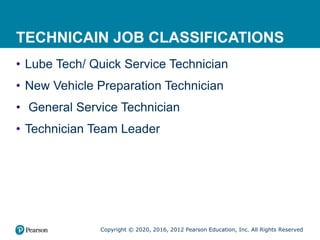 Copyright © 2020, 2016, 2012 Pearson Education, Inc. All Rights Reserved
TECHNICAIN JOB CLASSIFICATIONS
• Lube Tech/ Quick Service Technician
• New Vehicle Preparation Technician
• General Service Technician
• Technician Team Leader
 