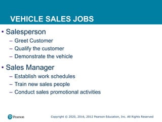 Copyright © 2020, 2016, 2012 Pearson Education, Inc. All Rights Reserved
VEHICLE SALES JOBS
• Salesperson
– Greet Customer
– Qualify the customer
– Demonstrate the vehicle
• Sales Manager
– Establish work schedules
– Train new sales people
– Conduct sales promotional activities
 