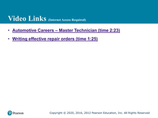 Copyright © 2020, 2016, 2012 Pearson Education, Inc. All Rights Reserved
Video Links (Internet Access Required)
• Automotive Careers – Master Technician (time 2:23)
• Writing effective repair orders (time 1:25)
 