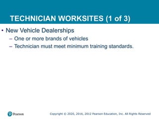 Copyright © 2020, 2016, 2012 Pearson Education, Inc. All Rights Reserved
TECHNICIAN WORKSITES (1 of 3)
• New Vehicle Dealerships
– One or more brands of vehicles
– Technician must meet minimum training standards.
 