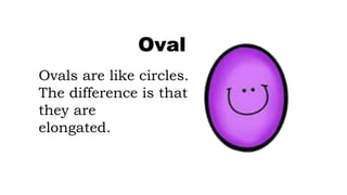 Ovals are like circles.
The difference is that
they are
elongated.
Oval
 