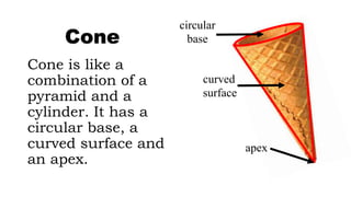 Cone is like a
combination of a
pyramid and a
cylinder. It has a
circular base, a
curved surface and
an apex.
Cone
circular
base
curved
surface
apex
 