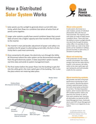 How a Distributed
 Solar System Works                                                                                                                                     TM




 1. Solar panels use the sunlight to generate direct current (DC) elec-                                      About solar panels
     tricity, which then ﬂows to a combiner box where all wires from all                                     A solar panel, also known as a
     panels come together.                                                                                   solar module, consists of individual
                                                                                                             photovoltaic (PV) cells that are
                                                                                                             interconnected. The majority of PV
 2. Larger solar systems usually have several combiner boxes that consol-                                    cells today are made of wafer-based
     idate all wires into a higher capacity wire that transfers the DC power                                 crystalline silicon. These cells have
     to the inverter.                                                                                        the ability to convert sunlight directly
                                                                                                             into electricity through the photo-
                                                                                                             voltaic eﬀect. An assembly of solar
 3. The inverter’s main job besides adjustment of power and safety is to                                     panels makes up a solar array. Solar
     condition the DC power to alternating current (AC), the form of elec-                                   panels can be installed on rooftops,
     tricity that is used most commonly.                                                                     ground mounted, in open areas, or
                                                                                                             elevated on parking lots.

 4. Once converted to AC power, the electricity runs through the Utility
     AC Disconnect where the solar system can be disconnected manually                                       About net metering
                                                                                                             If the production of solar energy
     from the grid electricity system. A data acquisition system records                                     exceeds consumption, the surplus
     real time data and sends to system management team.                                                     energy is fed into the utility electric-
                                                                                                             ity grid. In this process, the utility
 5. The ﬁnal station before the power ﬂows into the building or gets fed                                     meter at the main switch gear will
                                                                                                             spin backwards and build valuable
     into the utility grid is the main switch gear of the building. This is also                             credits for the customer.
     the place where net metering takes place.


                                                                            Weather Station                  About monitoring systems
                                                                                                             SPP provides real-time string level
                                                                                                             performance monitoring on each
           Combiner Boxes                                                                                    of its systems. Monitoring systems
(DC string level monitoring)                                                                                 compare expected power produc-
                                                                                                             tion with actual power production
                                                                                                             in real time. The Data Acquisition
                                                                                                             System, which receives data from an
                                                                                                             SPP-installed weather station and
                                                                                                             data from the inverter as well as
                                                                                                             from each combiner box, transmits
                                                                                                             all information via internet to SPP’s
                                                                                                             Asset Management team. Automatic
                                                                                                             alarms alert SPP’s Asset Management
                                                                                                             team if there is an irregularity at any
                                                                                                             system.
                                                                                              Utility Grid
Inverter
           AC Utility
           Disconnect                                                                                              415.389.8981• 866.361.1439
                                            Grid Tie-In                                                           info@solarpowerpartners.com
                                            (Main switch gear)                                                  100 Shoreline Highway, Suite 210 B,
                  Data Acquisition System
                  (Internet connection)                          Utility Meter                                        Mill Valley, CA 94941
                                                                                                                www.solarpowerpartners.com
                                                                                                                   ©2009 Solar Power Partners, Inc.
 