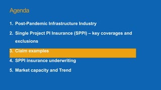 1. Post-Pandemic Infrastructure Industry
2. Single Project PI Insurance (SPPI) – key coverages and
exclusions
3. Claim examples
4. SPPI insurance underwriting
5. Market capacity and Trend
Agenda
 