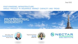 Sept 2022
Ram Garg, CFA
Founder & Chairman
Nectar Group
Gaganpreet Saluja
Manager
SWAN RE
POST-PANDEMIC INFRASTRUCTURE:
SINGLE PROJECT PI INSURANCE MARKET CAPACITY AND TREND
 