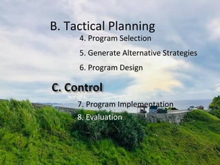 B. Tactical Planning
 4. Program Selection
 5. Generate Alternative Strategies
 6. Program Design
7. Program Implementation
8. Evaluation
 