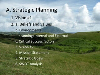 A. Strategic Planning
1. Vision #1
2. a. Beliefs and values
b. Environmental
scanning: Internal and External
c. Critical Success factors
3. Vision #2
4. Mission Statement
5. Strategic Goals
6. SWOT Analysis
 