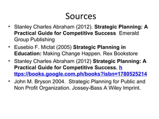 Sources
• Stanley Charles Abraham (2012). Strategic Planning: A
Practical Guide for Competitive Success Emerald
Group Publishing
• Eusebio F. Miclat (2005) Strategic Planning in
Education: Making Change Happen. Rex Bookstore
• Stanley Charles Abraham (2012) Strategic Planning: A
Practical Guide for Competitive Success. h
ttps://books.google.com.ph/books?isbn=1780525214
• John M. Bryson 2004. Strategic Planning for Public and
Non Profit Organization. Jossey-Bass A Wiley Imprint.
 