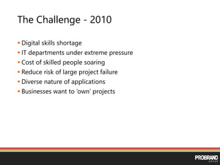 The Challenge - 2010
 Digital skills shortage
 IT departments under extreme pressure
 Cost of skilled people soaring
 Reduce risk of large project failure
 Diverse nature of applications
 Businesses want to ‘own’ projects
 