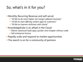 So, what’s in it for you?
 Monthly Recurring Revenue and self-serve!
 “I’d like to do more higher net margin software business”
 “I’d like to start offering custom apps to customers”
 “I’d like to improve stickiness with clients”
 KnowledgeKube is an aPaaS in the Cloud
 Deliver advanced SaaS apps quicker and cheaper without code
 Sell enterprise licence
 Rapidly scale and respond to market opportunities
 The search is on for a community of partners
 