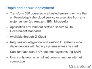 Citizen
Service
Transformation
Rapid and secure deployment
‒ Transform 360 operates in a hosted environment – either
on KnowledgeKube cloud service or a service from any
major vendor (eg Amazon, IBM, Microsoft)
‒ Application environment certified secure to UK
Government standards
‒ Available through G-Cloud
‒ Requires no integration with existing IT systems – no
dependencies with legacy systems unless desired
‒ Can interface with ERP and other systems (eg SAP)
‒ Users only need a compliant browser and an internet
connection
 