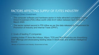 FACTORS AFFECTING SUPPLY OF IT/ITES INDUSTRY
1.Foreign Direct Investment
• The computer software and hardware sector in India attracted cumulative Foreign
Direct Investment (FDI) inflow worth US$ 44.91 billion between April 2000 and
March 2020.
• The sector ranked second in FDI inflow as per the data released by Department for
Promotion of Industry and Internal Trade (DPIIT).
2. Goals of leading IT companies
Leading Indian IT firms like Infosys, Wipro, TCS and Tech Mahindra are diversifying
their offerings and showcasing leading ideas in blockchain and artificial intelligence
Source:
Ministry of Commerce and Industry, Government of India
 