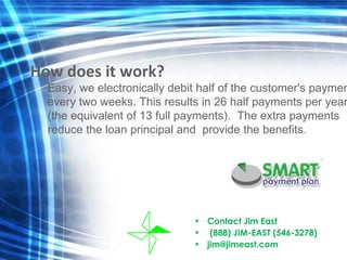 Contact Jim East  (888) JIM-EAST (546-3278) [email_address] How does it work?   Easy, we electronically debit half of the customer's payment  every two weeks. This results in 26 half payments per year  (the equivalent of 13 full payments).  The extra payments  reduce the loan principal and  provide the benefits. 