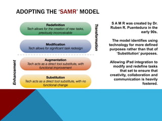 ADOPTING THE ‘SAMR’ MODEL
                            S A M R was created by Dr.
                            Ruben R. Puentedura in the
                                            early 90s.

                              The model identifies using
                            technology for more defined
                            purposes rather than that of
                                ‘Substitution’ purposes.

                            Allowing iPad integration to
                              modify and redefine tasks
                                  that set to ensure that
                            creativity, collaboration and
                              communication is heavily
                                                fostered.
 