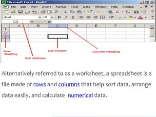 Alternatively referred to as a worksheet, a spreadsheet is a
file made of rows and columns that help sort data, arrange
da...
