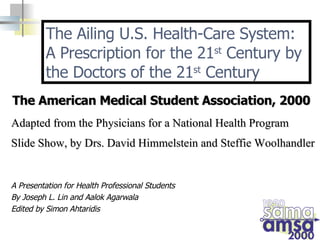 [object Object],[object Object],[object Object],The Ailing U.S. Health-Care System:  A Prescription for the 21 st  Century by the Doctors of the 21 st  Century Adapted from the Physicians for a National Health Program Slide Show, by Drs. David Himmelstein and Steffie Woolhandler The American Medical Student Association, 2000 