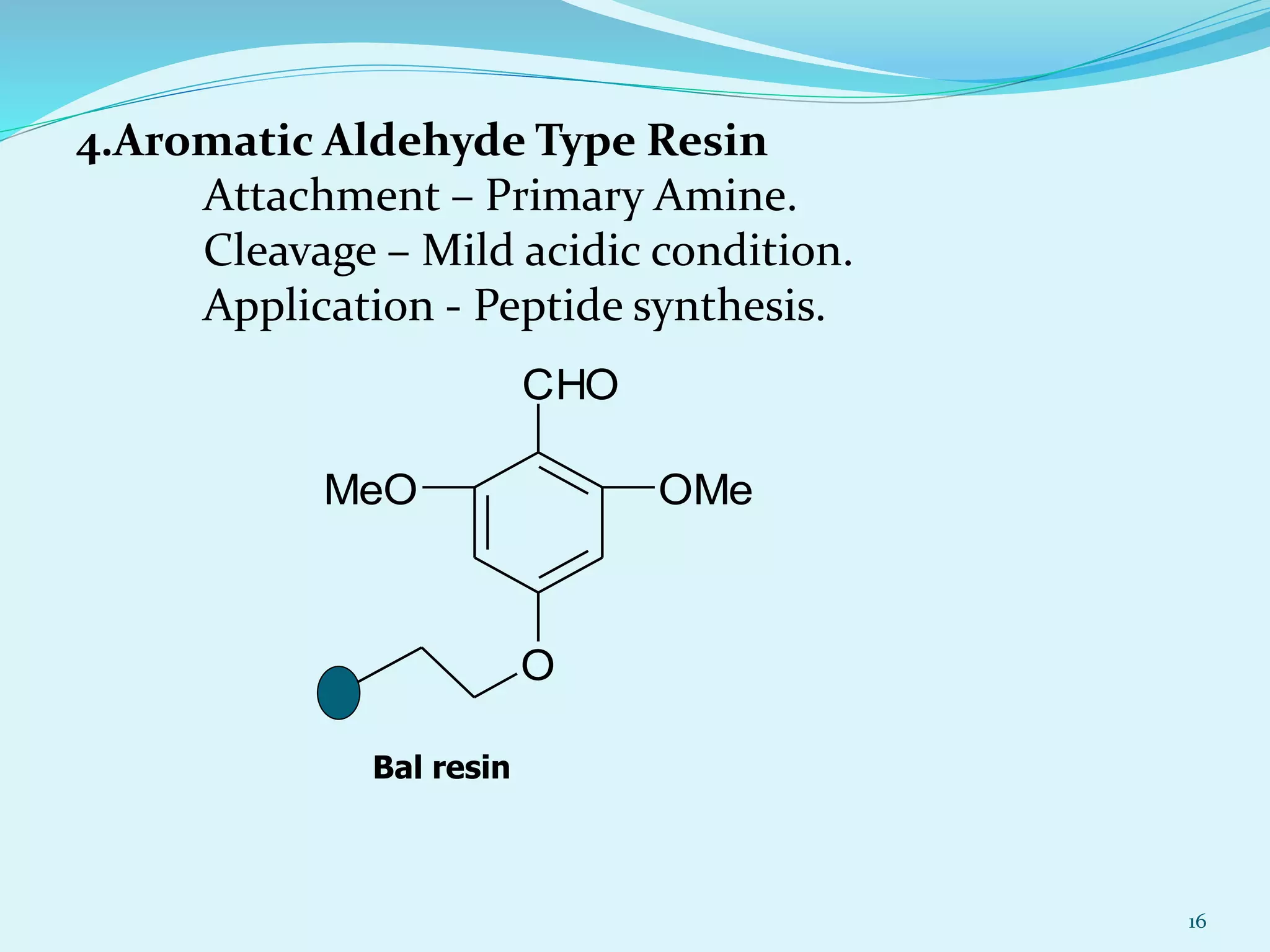 4.Aromatic Aldehyde Type Resin
Attachment – Primary Amine.
Cleavage – Mild acidic condition.
Application - Peptide synthesis.
16
O
CHO
OMeMeO
Bal resin
 