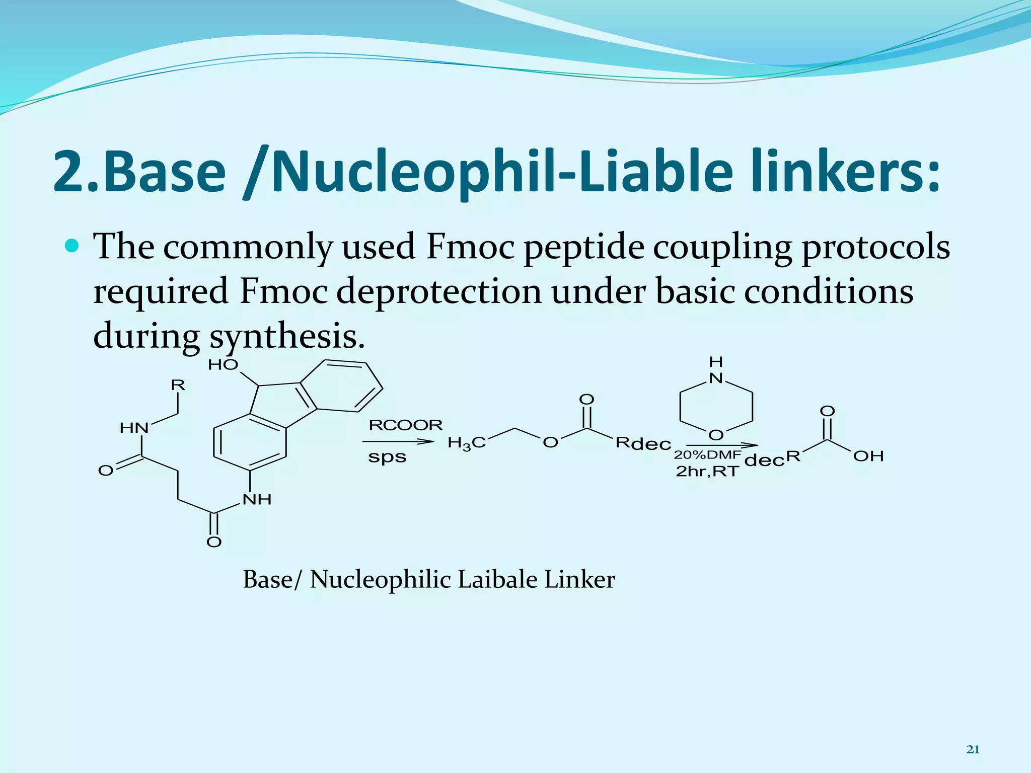2.Base /Nucleophil-Liable linkers:
 The commonly used Fmoc peptide coupling protocols
required Fmoc deprotection under basic conditions
during synthesis.
21
Base/ Nucleophilic Laibale Linker
OH
NH
NH
R
O
O
OCH3 R
O
dec
R OH
O
dec
RCOOR
sps
N
H
O
20%DMF
2hr,RT
 