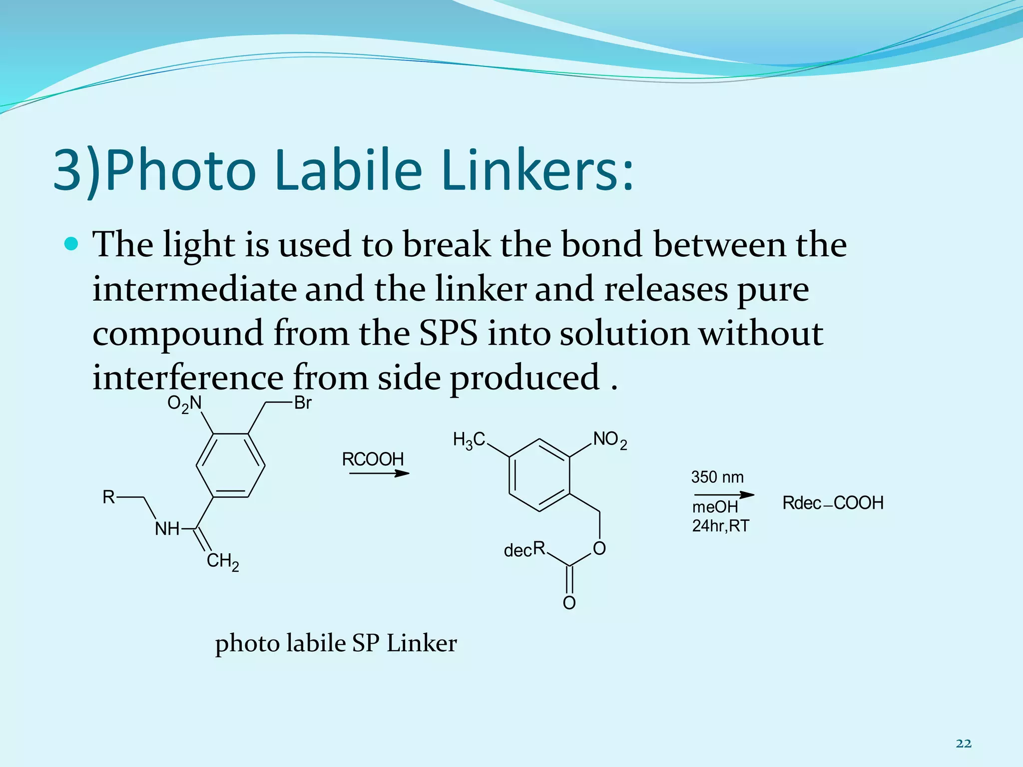 3)Photo Labile Linkers:
 The light is used to break the bond between the
intermediate and the linker and releases pure
compound from the SPS into solution without
interference from side produced .
22
photo labile SP Linker
O2N
NH
R
CH2
Br
NO2CH3
OR
O
dec
Rdec COOH
RCOOH
350 nm
meOH
24hr,RT
 
