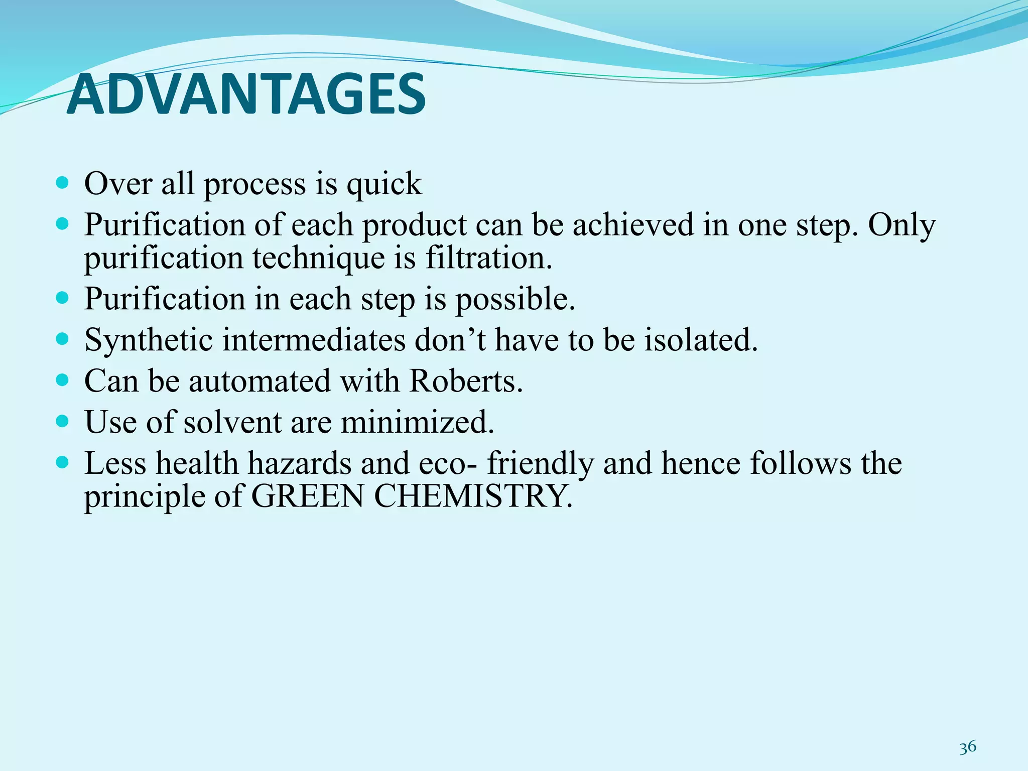 ADVANTAGES
 Over all process is quick
 Purification of each product can be achieved in one step. Only
purification technique is filtration.
 Purification in each step is possible.
 Synthetic intermediates don’t have to be isolated.
 Can be automated with Roberts.
 Use of solvent are minimized.
 Less health hazards and eco- friendly and hence follows the
principle of GREEN CHEMISTRY.
36
 