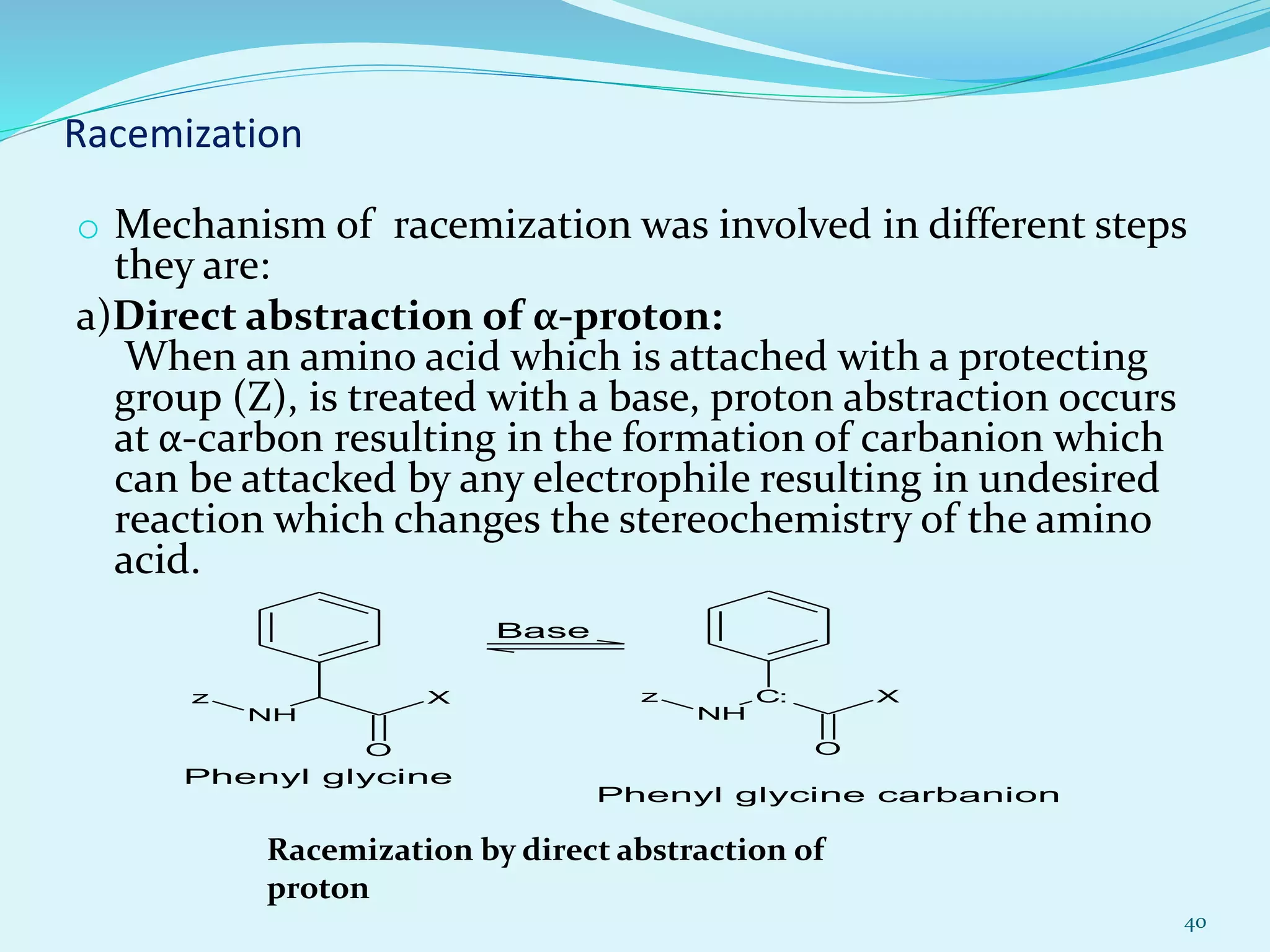 Racemization
o Mechanism of racemization was involved in different steps
they are:
a)Direct abstraction of α-proton:
When an amino acid which is attached with a protecting
group (Z), is treated with a base, proton abstraction occurs
at α-carbon resulting in the formation of carbanion which
can be attacked by any electrophile resulting in undesired
reaction which changes the stereochemistry of the amino
acid.
40
Racemization by direct abstraction of
proton
NH
O
Xz C:
NH
O
Xz
Base
Phenyl glycine
Phenyl glycine carbanion
 