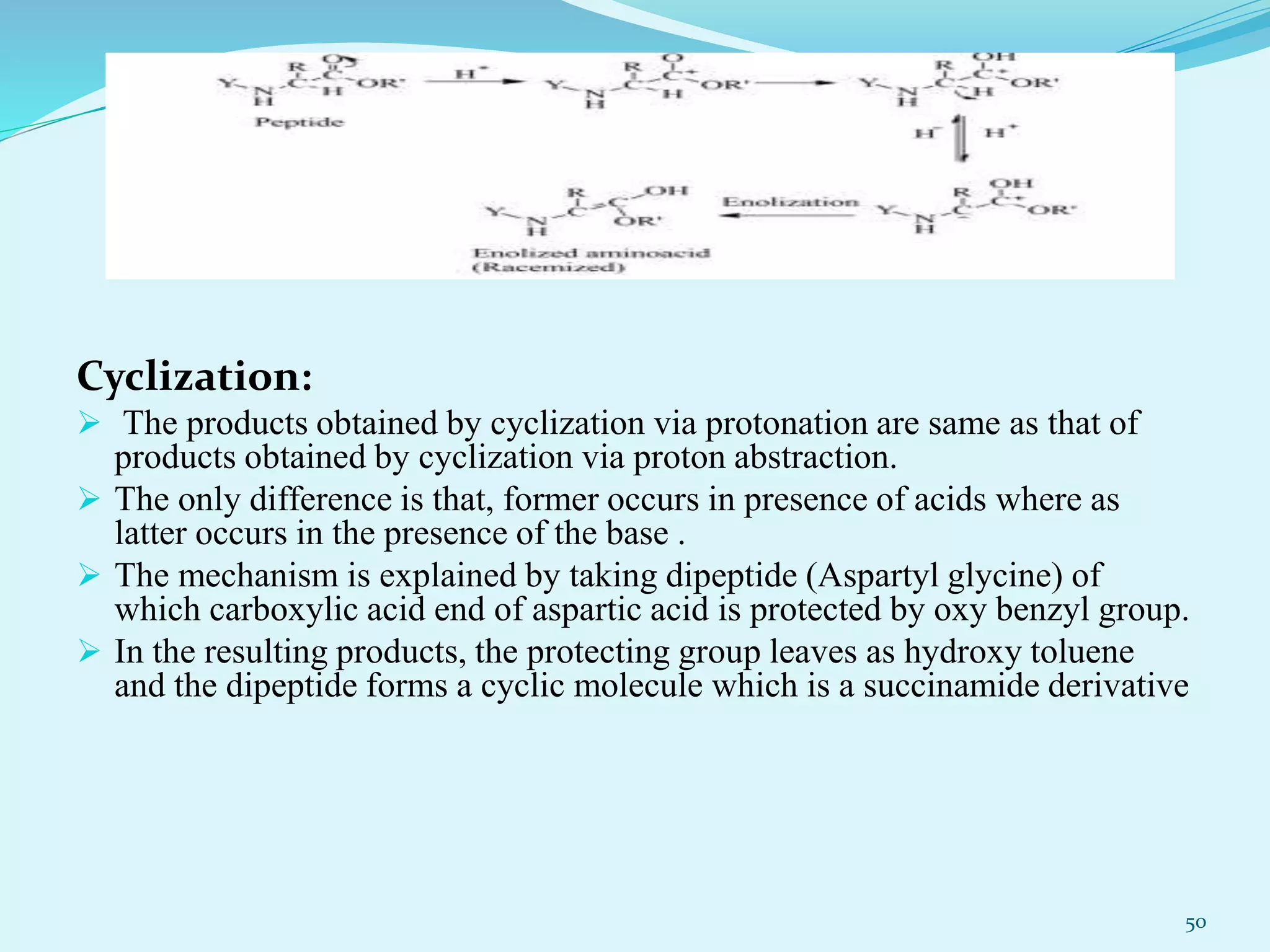 Racemization through protonation
Cyclization:
 The products obtained by cyclization via protonation are same as that of
products obtained by cyclization via proton abstraction.
 The only difference is that, former occurs in presence of acids where as
latter occurs in the presence of the base .
 The mechanism is explained by taking dipeptide (Aspartyl glycine) of
which carboxylic acid end of aspartic acid is protected by oxy benzyl group.
 In the resulting products, the protecting group leaves as hydroxy toluene
and the dipeptide forms a cyclic molecule which is a succinamide derivative
50
 