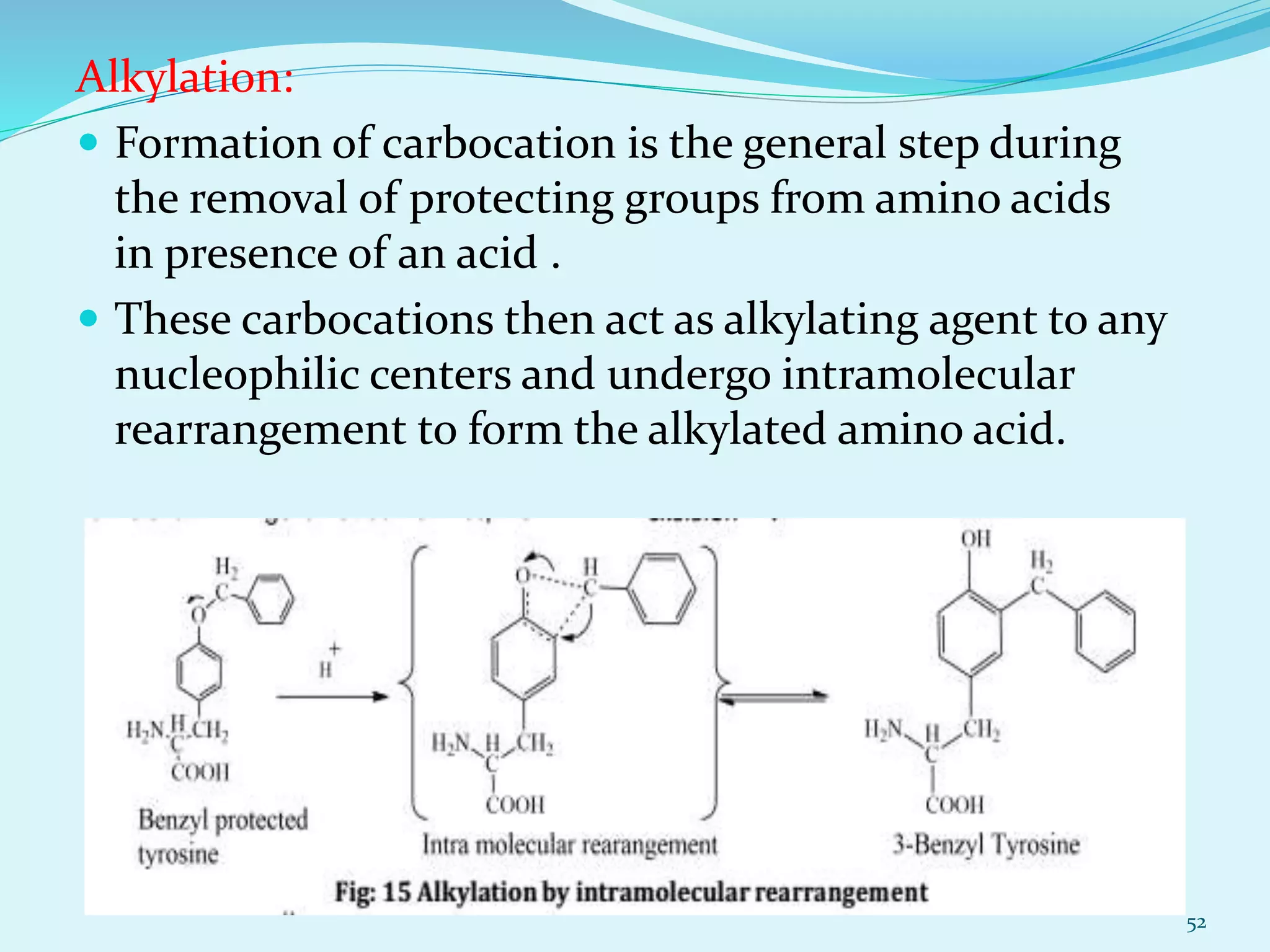 Alkylation:
 Formation of carbocation is the general step during
the removal of protecting groups from amino acids
in presence of an acid .
 These carbocations then act as alkylating agent to any
nucleophilic centers and undergo intramolecular
rearrangement to form the alkylated amino acid.
52
 
