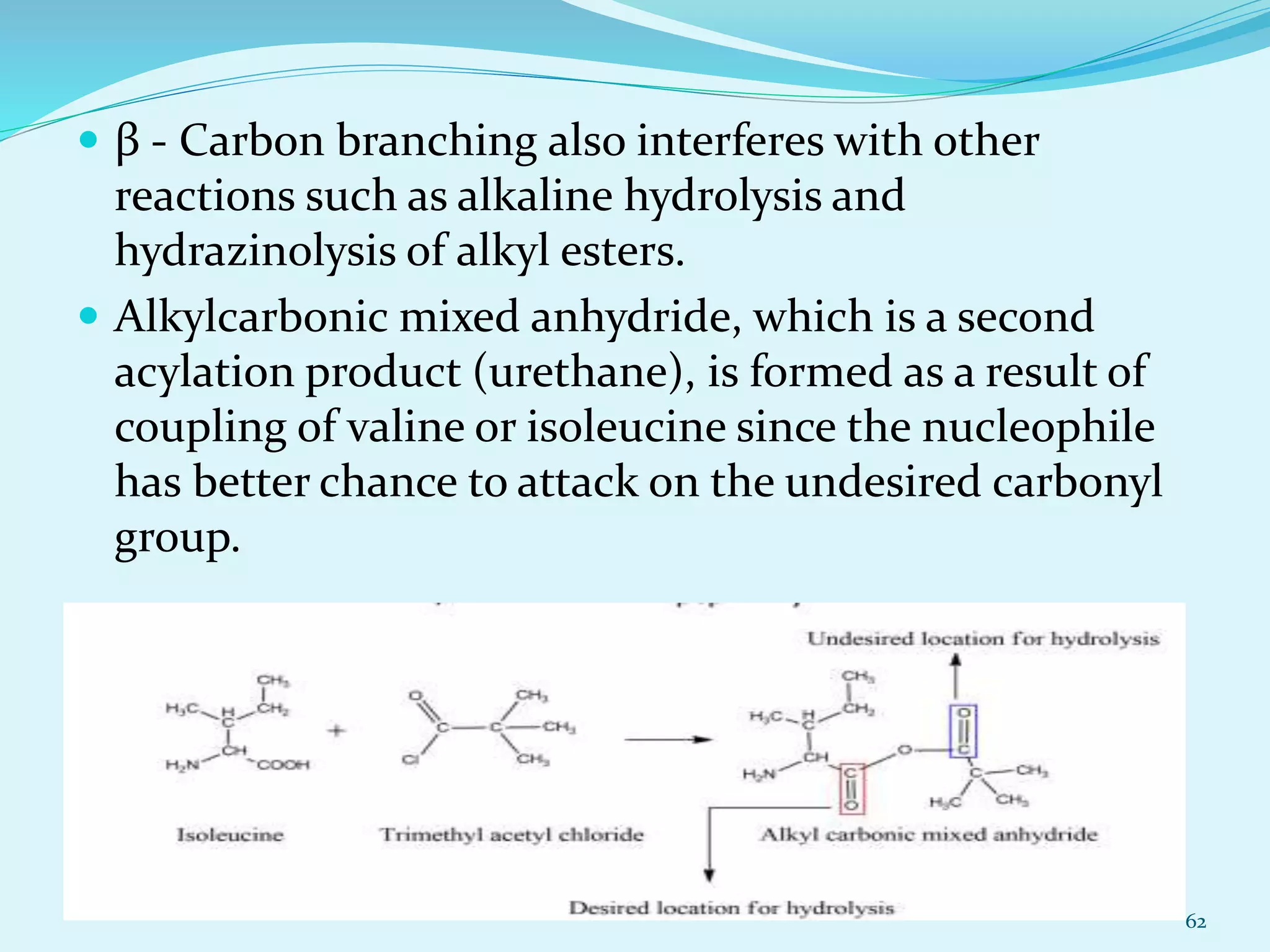  β - Carbon branching also interferes with other
reactions such as alkaline hydrolysis and
hydrazinolysis of alkyl esters.
 Alkylcarbonic mixed anhydride, which is a second
acylation product (urethane), is formed as a result of
coupling of valine or isoleucine since the nucleophile
has better chance to attack on the undesired carbonyl
group.
62
 